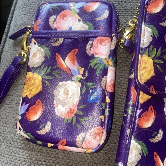 Disney Parks TINKERBELL Purple Floral Tablet Case Crossbody Purse Bag & Wristlet - Picture 3 of 9